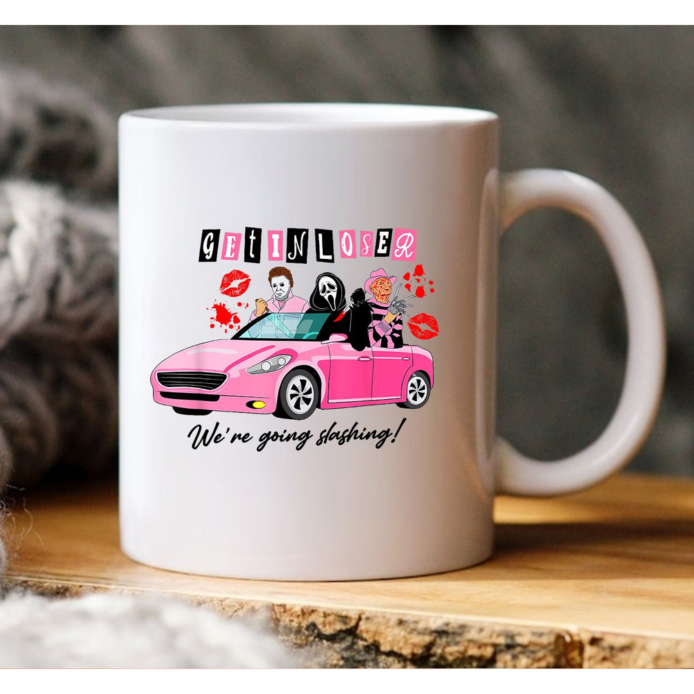 Get In Loser We're Going Slashing Mug, Pink Car Horror Character Mug, Halloween Breast Cancer Mug, Breast Cancer Awareness, Halloween Mug - 1.jpg