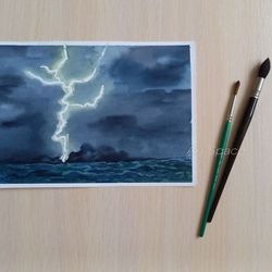 original watercolor painting "lightning", decoration for office, housewarming gift, hallway decor, blue painting, small