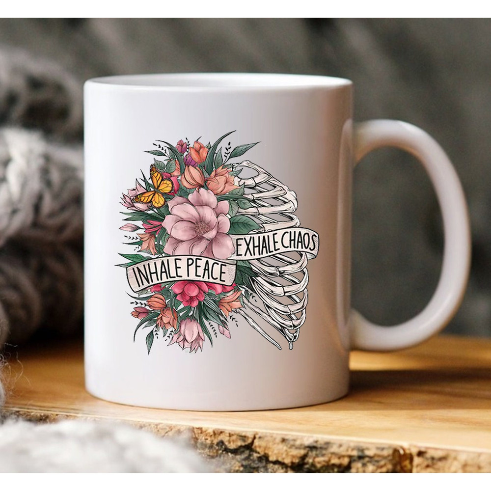 Inhale Peace Exhale Chaos Mug, Mug Coffee, Skull Roses Mug - 1.jpg