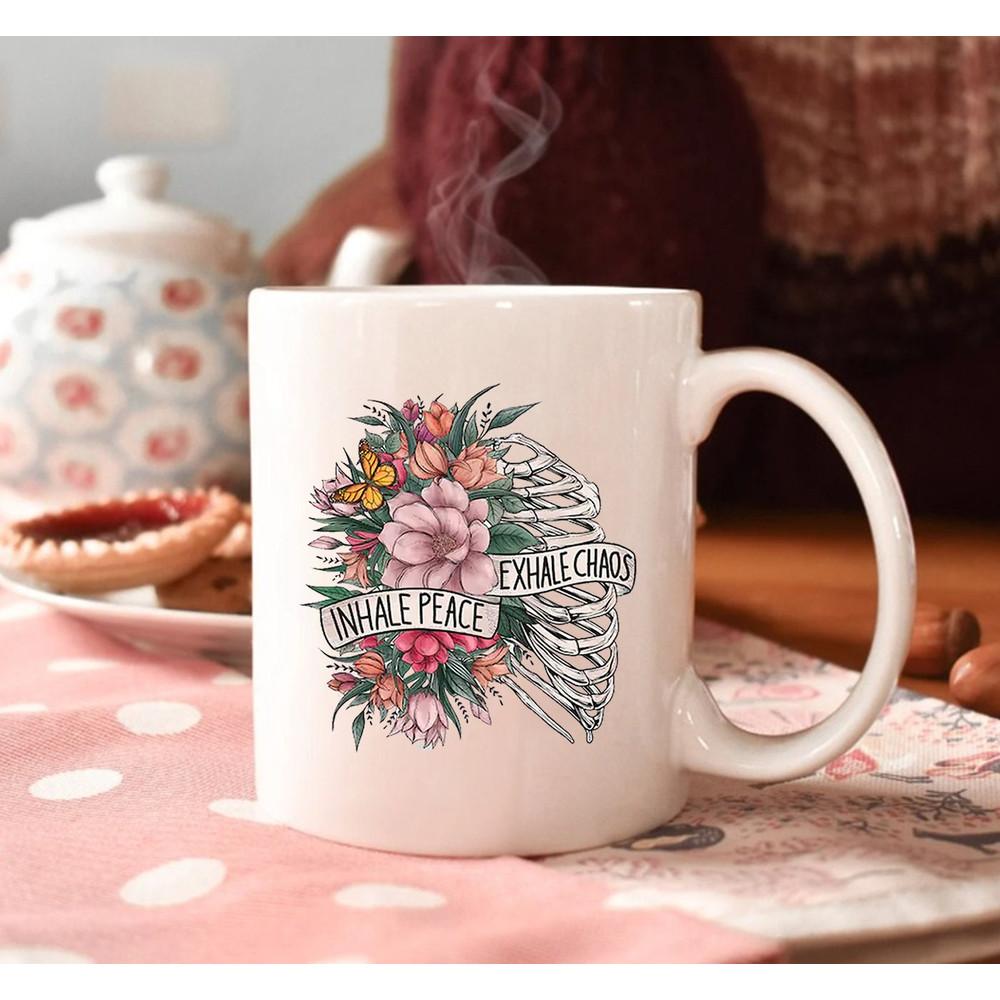 Inhale Peace Exhale Chaos Mug, Mug Coffee, Skull Roses Mug - 2.jpg