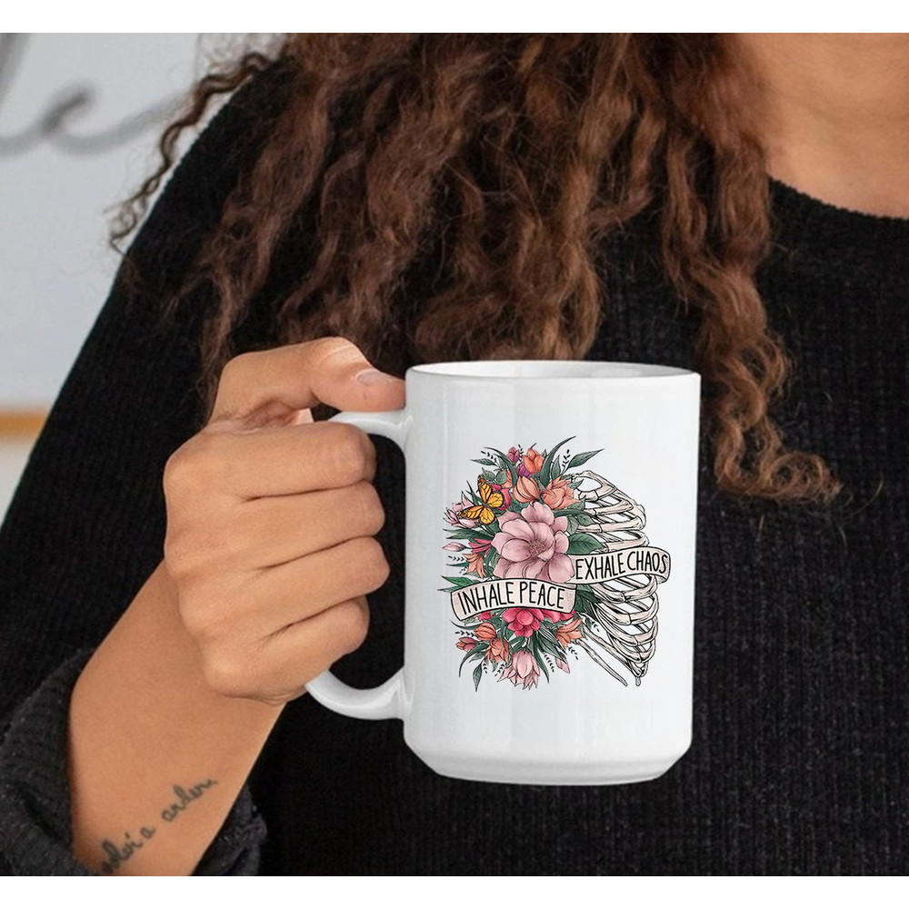 Inhale Peace Exhale Chaos Mug, Mug Coffee, Skull Roses Mug - 3.jpg