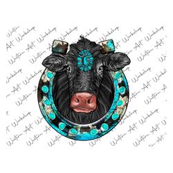 western horseshoe cow png, black cow png, cow sublimation design, gemstone png, western horseshoe png, sublimation desig