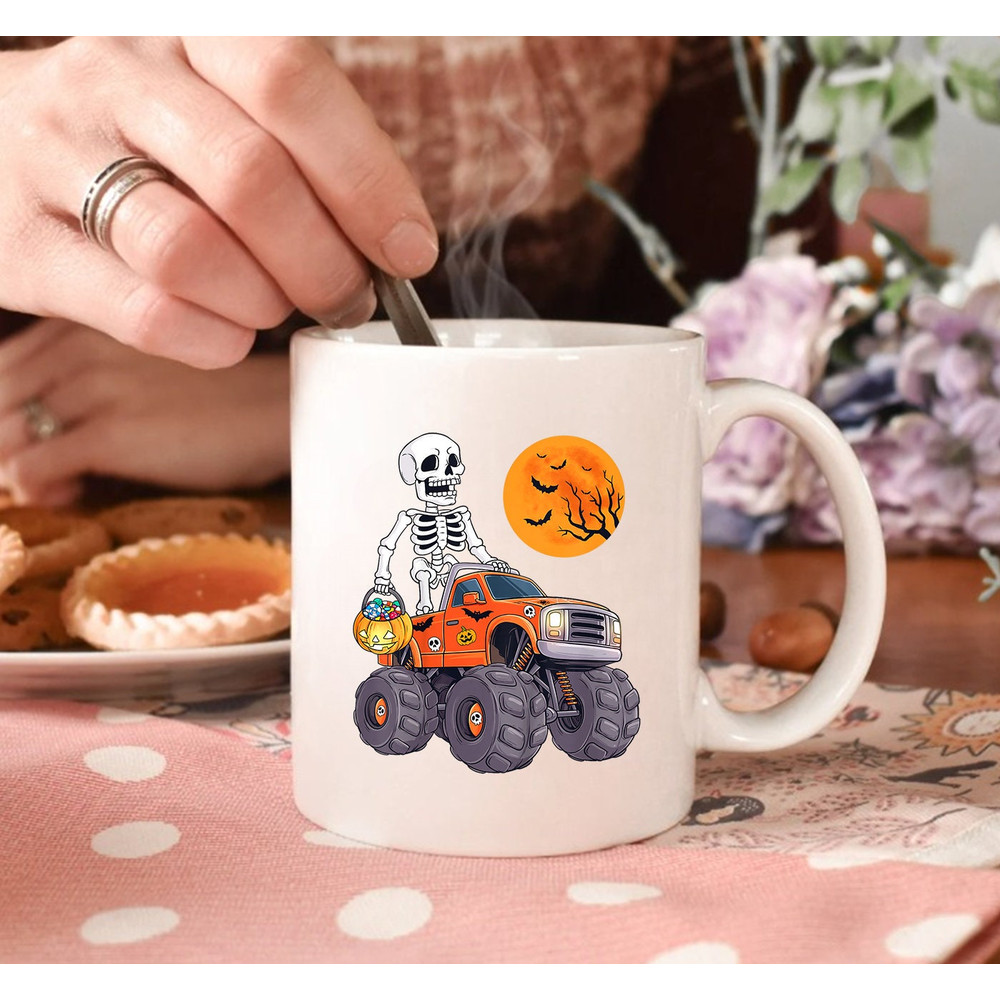 Skeleton Riding Monster Truck Mug, Skeleton Mug, Halloween Mug, Halloween Coffee Mug - 2.jpg