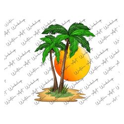 sunset beach palm sublimation png file, summer beach png, palm sublimation, beach bums sunset png, hand drawing, sublima