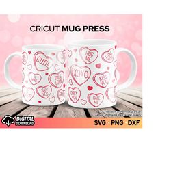 Cricut Mug Press SVG Hearts, Conversation Heart Valentine's Mug Svg, Candy Hearts Wrap Svg, Coffee Mug Wrapping Svg, SVG