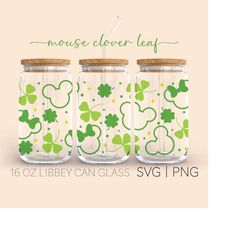 mouse clover leaf  16 oz glass can cut file, st patrick's day svg, lucky svg, clover leaf svg, clover svg, svg png files