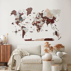 3D Colored World Map, World Map Wall Art, Living Room Decor, Handcrafted Travel Map