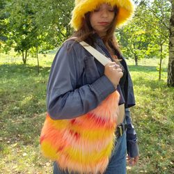 Double-sided colorful faux fur bag. Fluffy rainbow tote bag. Rave multicolor festival handbag. Shaggy bright fur bag.