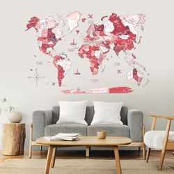 World Map Push Pin, Apartment Decor, Handmade World Map, Husband Birthday Gift, Home Decor