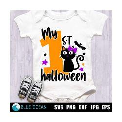 My 1st halloween SVG, First halloween girl, Cute black cat with bow, Baby halloween SVG