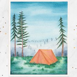 Camping tent in the pine forest Original watercolor painting Wall art 8x10