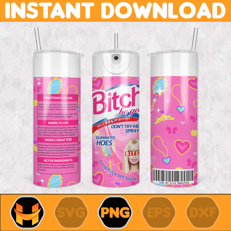 Bitch Be Gone Barbiecore Tumbler, Sassy Spray Can Travel Coffee Mug, Sarcastic Humor Gift, Funny Saying Tumbler, Trendy Skinny Tumbler 20oz.jpg