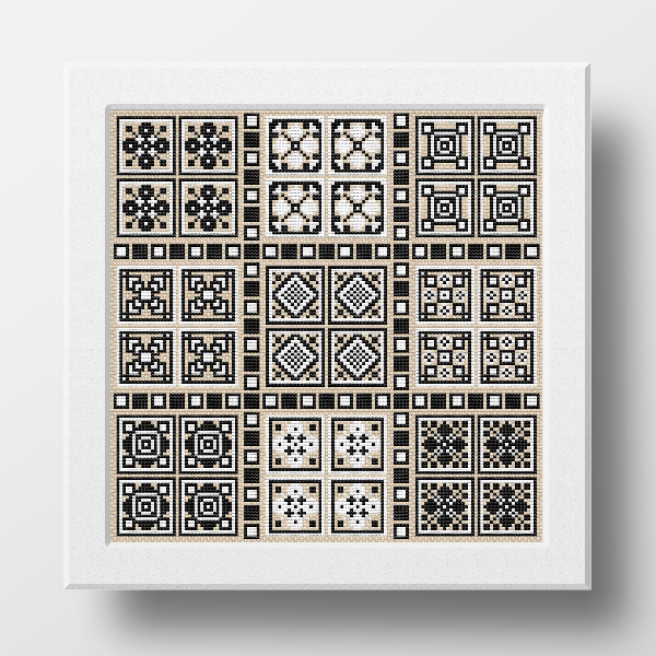 geometric cross stitch pattern sampler black white