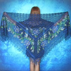 Dark blue embroidered Orenburg Russian shawl, Hand knit wool wrap, Wedding stole, Warm bridal cape, Kerchief, Big scarf