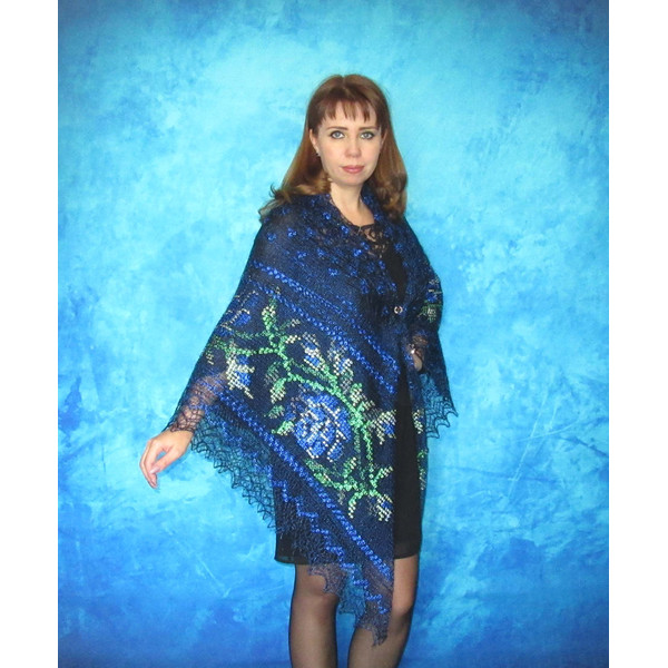 Dark blue embroidered Orenburg Russian shawl, Hand knit cover up, Wool wrap, Handmade stole, Kerchief, Wedding shawl, Warm bridal cape, Big scarf, Gift for her