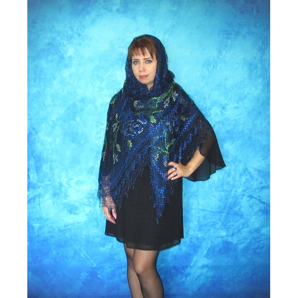 Dark blue embroidered Orenburg Russian shawl, Hand knit cover up, Wool wrap, Handmade stole, Kerchief, Wedding shawl, Warm bridal cape, Big scarf, Gift for mom.