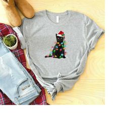 black cat christmas tree lights shirt, merry christmas shirt, gift for christmas, christmas family tee, holiday shirt ,g