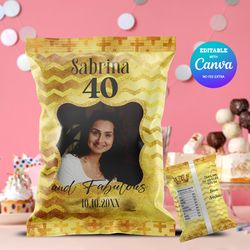 gold chip bag template, party chip bag, wedding chip bag, birthday chip bag editable and printable digital download