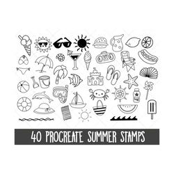 summer vacation procreate stamps, procreate stamp set, procreate vacation stamps, procreate doodles, procreate brushes,