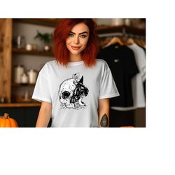 Skull Cat Halloween T-shirt, Skull Cat Graphic Shirt For Women, Halloween Skull T-shirt, Halloween Black Cat Shirt, Skul