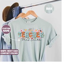 boho teacher name shirt, custom teacher tshirt, personalized teacher t shirt, gift for teacher, cute teacher groovy teac