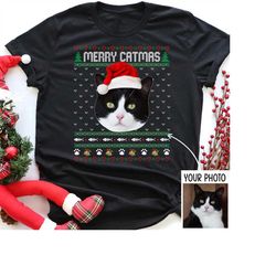 personalized cat christmas shirt, custom your photo cat shirt, merry catmas, cat lover shirt, christmas cat owner shirt