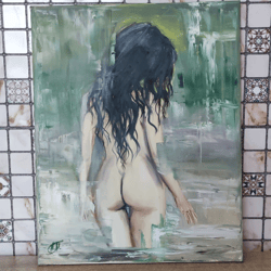 Oil painting on canvas/nude girl/ painting in green tones/ girl in the lake/ author's work/ the only copy/original gift/