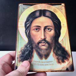 The Saviour Not Made by Hands | Print mounted icon on wood | Made in Russia | Size:  8 x 5.5 inch