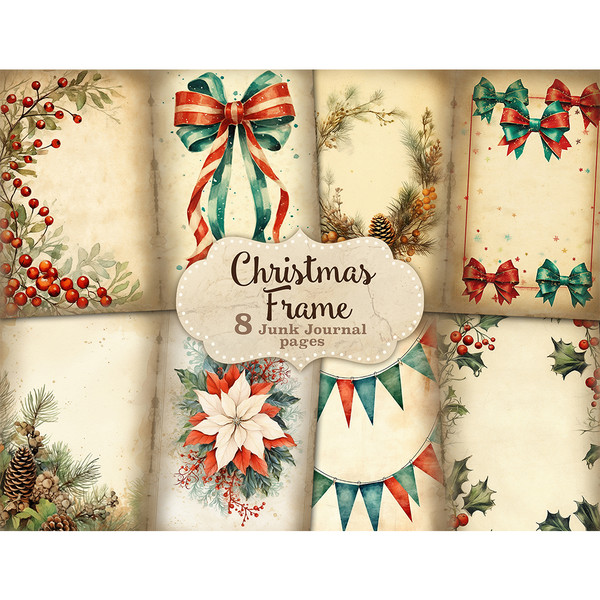 Christmas Frame Junk Journal Page, Xmas Printable, GlamArtZhanna, Bows Junk Journal, Xmas Art Journal, Poinsettia Ephemera, Christmas Wreath JPEG, Winter Collag