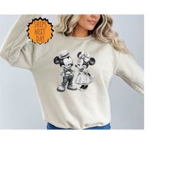 mickey and minnie mouse sweatshirt, mickey and minnie mouse black and white cartoon character, disney couple sweater, di