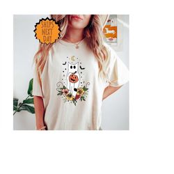 halloween ghost cat shirt, floral cat shirt, ghost shirt, cat lover shirt, cute halloween shirt, pumpkin cat shirt, hall