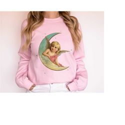 christmas angel sweatshirt holiday fashion gift for her, moon angel women's christmas shirt, retro christmas shirt vinta