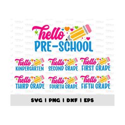 hello school svg bundle, back to school, teacher svg, school shirt for kids svg, kindergarten, preschool, first grade, f