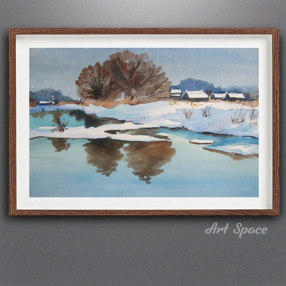winter-blue picture-watercolor painting-snow-winter illustration-reflection-lake-trees-village-1.jpg