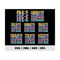 retro back to school bundle svg png, bundle pre k kindergarten 2nd grade, 1st day of school retro wavy text, teacherlife
