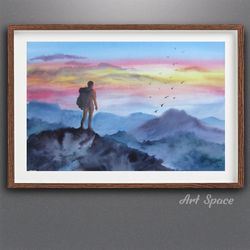 original watercolor painting "tourist and mountains", decoration for office, housewarming gift, hallway decor