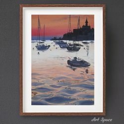 original watercolor painting "sunset and boats", decoration for office, housewarming gift, hallway decor