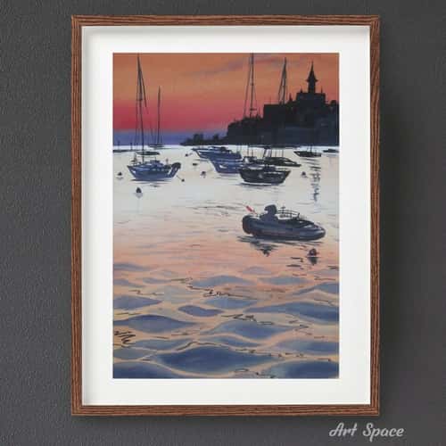 Original watercolor painting "sunset and boats", decoration for office, housewarming gift, hallway decor
