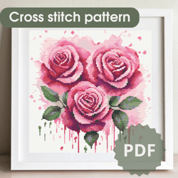 Cross stitch pattern Watercolor roses / Cross stitch pattern PDF / Watercolor flowers cross stitch chart / Gift idea DIY