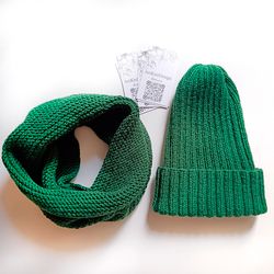 set: women hat and handknit neckwarmer women green hat beanie hat knit beanie hat hat for women wool hat soft hat