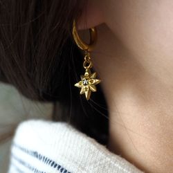 Star earrings, Pressed flower huggie drop earrings, Gold stainless steel earrings