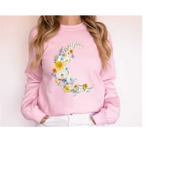 pressed flower sweatshirt, wildflower shirt, moon shirt, vintage floral cottagecore shirt gift for her, celestial sweate