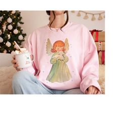 angel christmas sweatshirt holiday fashion gift for her, 1950s angel lamb women's christmas shirt, retro christmas vinta