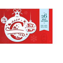 round christmas monogram svg, christmas bauble ornament svg cricut, christmas split letter svg, christmas glowforge lase