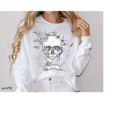 comfort colors flower skull sweatshirt, gift for halloween, fall vibes sweater, skeleton boho unisex sweatshirt, floral