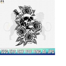 skull with rose svg, skull and roses svg, skull svg, skull and roses clipart, skull vector, skull cricut, skull cut file