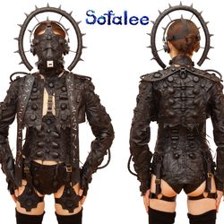 Women's stylish genuine leather suit jacket bolero corset shorts suspenders collar mask "Shiva". Leather costume.