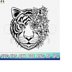 tiger with flowers svg, tiger svg, tiger flower svg, tiger head svg, tiger clipart, tiger cricut, tiger cut file, tiger