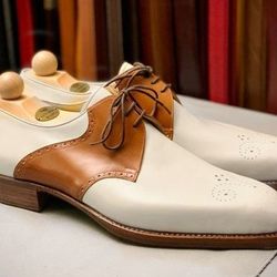 Men's Handmade Two Tone White & Brown Leather Oxford Brogue Lace Up Dress Shoes