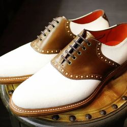 Men's Handmade Two Tone Brown & White Leather Oxford Brogue Lace Up Shoes